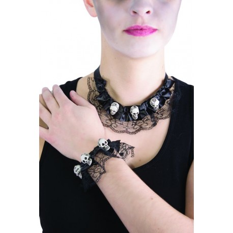 Collier et bracelet "tête de mort" avec dentelle 