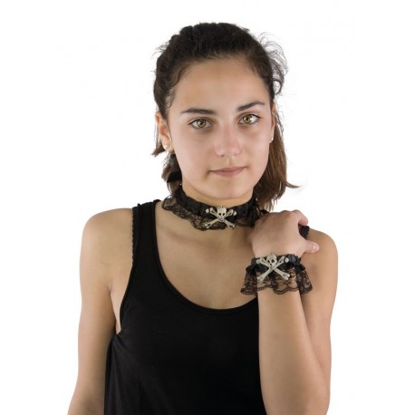 Collier et bracelet "tête de mort et os" avec dentelle 