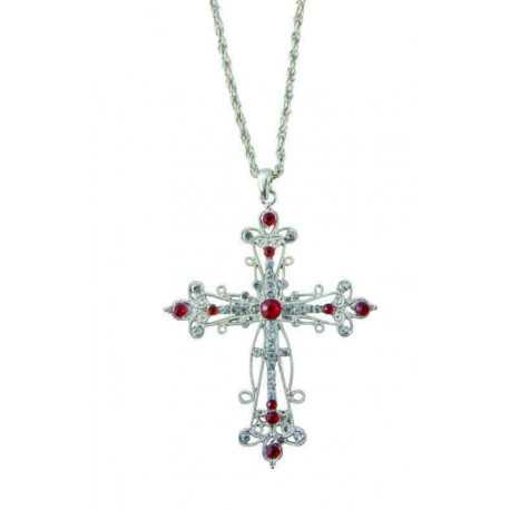 Collier croix fausses pierres rouges et blanches - métal 