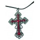 Collier croix gothique à fausses pierres rges et cordon - métal 