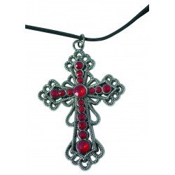 Collier croix gothique à fausses pierres rges et cordon - métal 